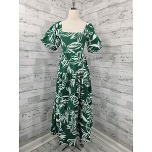 Kings Road Puff Sleeve Tiered Dress Green Leaf Print Women S